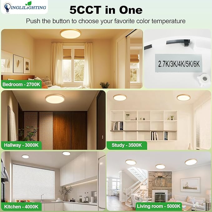 LED Flush Mount Ceiling Light: 7 inch 1Pack Super Slim Dimmable & 5CCT (2700-6500K) Kitchen Lighting Fixtures Ceiling - 12W Gold Low Profile Ceiling Lamp for Bedroom Garage Hallway