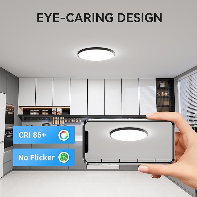 3200lm LED Flush Mount Ceiling Light, Super Slim 12 inch LED Ceiling Light, 5000K LED Ceiling Light for Bedroom, Living Room, Dining Room,Garage,Office (Black, 8 Pack)