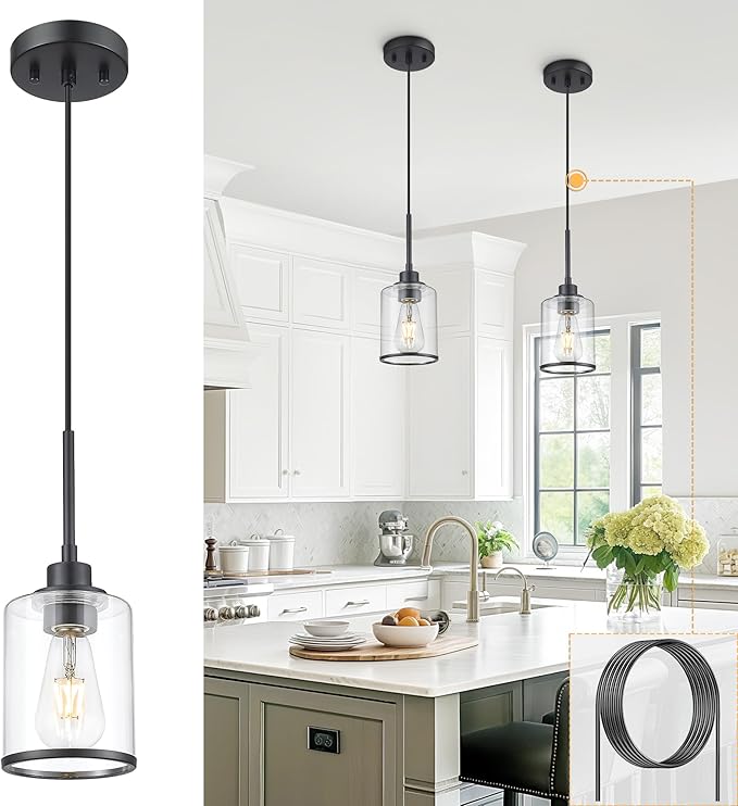 Beionxii Pendant Lights Kitchen Island, Modern Kitchen Pendant Lighting Over Island with Clear Glass, Matte Black Pendant Light Fixtures for Sink, Dining Room, Entryway, BX-PL02MB-CG