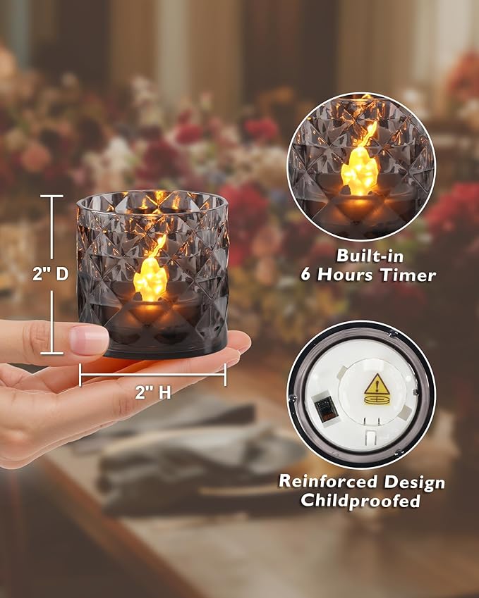 Homemory 2" x 2" Acrylic Votive Candle Holders with Auto Timer Flameless Led Tealight, Battery Powered Fake Electric Candles for Wedding Centerpiece, Table, Christmas Decor (12Pack, Gray Base)