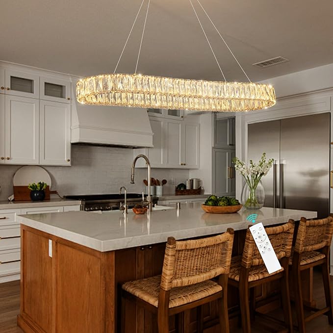 HAIXIANG LED Long Chandeliers for Dining Table Modern Chandelier Dimmable Pendant Lights Crystal Rectangular Glam Lighting Fixtures for Dining Room Kitchen Island Silver