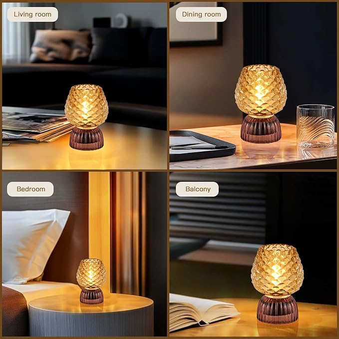 Battery Operated Lamp with Timer, Cute Small Cordless Glass Table Lamp for Home Decor, Kitchen, Bathroom, Birthday Gift for Women, Pinecone, Amber
