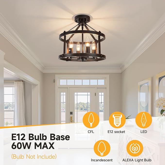 13.5 Inch Black Farmhouse Semi Flush Mount Ceiling Light Fixture,4-Light Rustic Ceiling Mount Lights, Industrial Flush Mount Ceiling Lighting for Kitchen Bedroom Hallway Dining Room Laundry Room