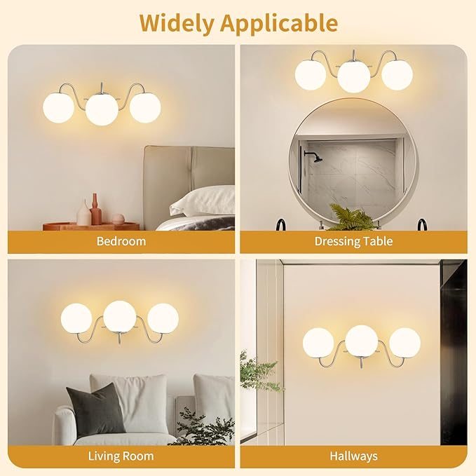 3 Lights Vintage Bathroom Vanity Light Fixtures Over Mirror, Brushed Nickel Vanity Lights For Bathroom With Milk White Glass Globe Shade, Wall Lights For Bedroom, Hallway, Dressing Table(G9 Incl.)