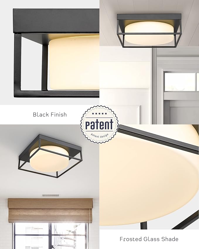 Flush Mount LED Ceiling Light Fixture, 12 Inch 24W 950Lumen Round Ceiling Light Fixtures, Dimmable 3000K Warm White, Black, Frosted Glass Shade, Close to Ceiling Lights for Hallway,6871LFM-BK