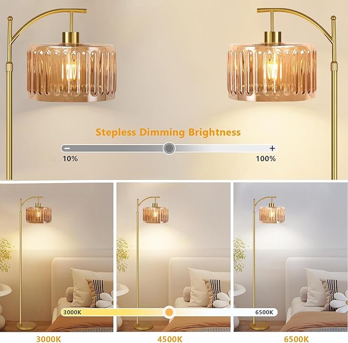 QIYIZM Floor Lamp for Living Room,Bedroom,Gold Dimmable Standing Lamp with Remote,Mid Century Modern Brass Tall Lamp Retro Vintage Glass Lamp Floor Light Boho Bohemian