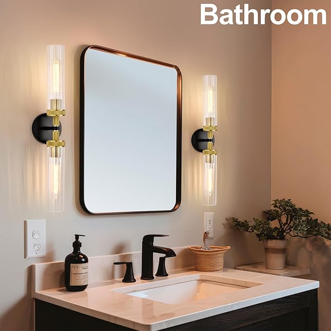 LaLuLa Black and Gold Vanity Light Fixtures 2-Pack – Modern Hardwired Dual-Light Wall Sconces with Rippled Glass Shades, Textured Metal Bathroom Lighting for Over Mirror or Hallway, 25" Height