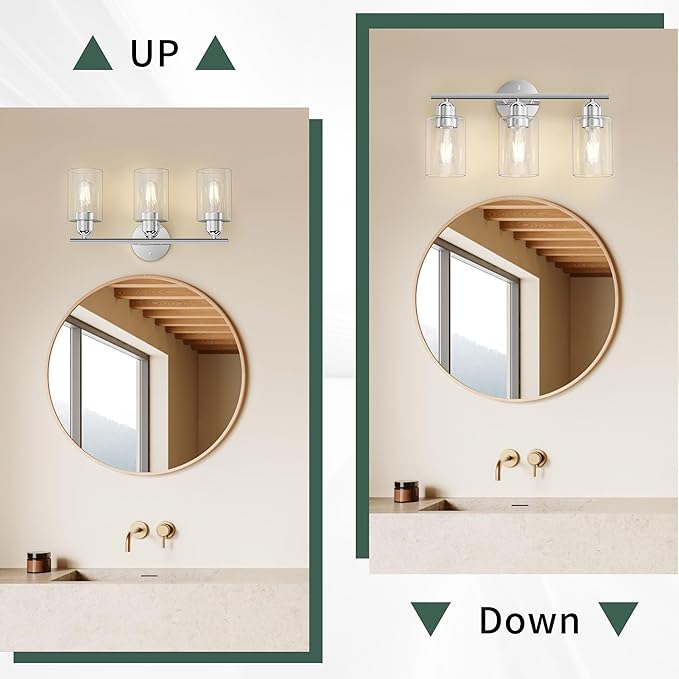 Espird Bathroom Vanity Light Fixtures Polished Chrome Bathroom Lighting Fixture, 3 Lights Bathroom Light Fixture Over Mirror, Modern Black Vanity Light, Wall Sconces with Glass Shades