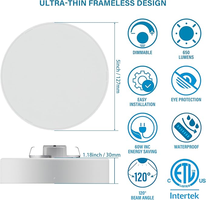 ZAGO 5 Inch LED Frameless Surface Mount Ceiling Light, 5CCT Switchable, Shower Rated Twist in Contemporary Mini Flush Mount Light, 120V, 60W Equivalent, ETL Certified, Dimmable, White, 4 Packs