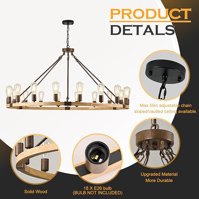 Benkut Farmhouse Wagon Wheel Chandelier 47" Wooden Rustic Light Fixtures 18-Light Wood Round Chandelier for Foyer Living Room Entryway Dining Room