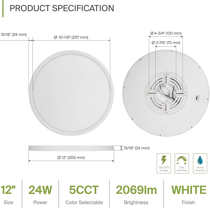 ASD LED 12" Round Flush Mount Ceiling Light Fixture, Low Profile Surface Lighting | 5CCT, Dimmable, Ultra-Thin, ETL Listed | 24W 2000LM 2700-6000K 100-277V | Kitchen, Bedroom, Hallway Lamp | White