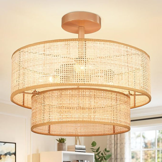 Hamilyeah Boho Ceiling Light Fixture Flush Mount Double Layer, 16 Inch Light Fixture Ceiling Mount with Wicker Shade, Woven Rattan Lights Ceiling for Living Room, Bedroom, Kitchen