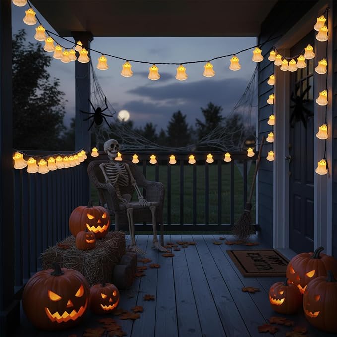 Halloween Ghost Lights,8.5Ft Halloween Fairy Decorations Lights with 10 LED White Ghost Lamp Waterproof UL Listed for Indoor Bedroom Patio Backyard Camping Desk Party Decor