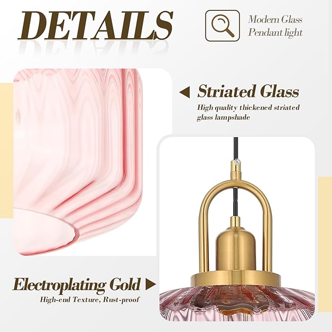 11.8in Mid Century Modern Pink Glass Pendant Light Fixture, Large Gold Kitchen Island Pendants Light Glass Ceiling Hanging Lamp for Foyer Dining Room Bedroom Entryway Hallway Over Sink