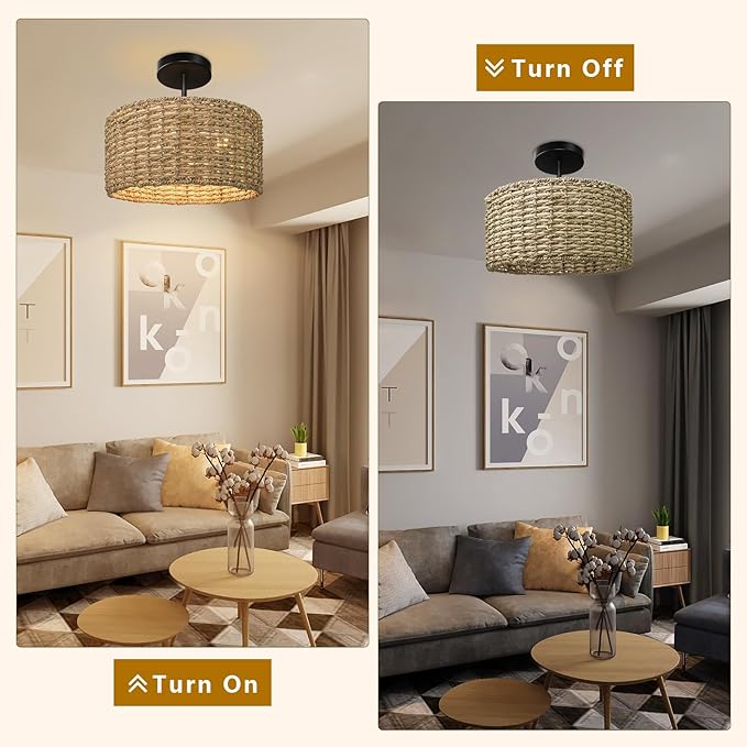 Boho Light Fixtures Ceiling Mount, 12.6" Rattan Ceiling Lights, 3-Light Hand Woven Semi Flush Mount Ceiling Light Fixture, Farmhouse Wicker Ceiling Lights for Bedroom Hallway Entryway Kitchen