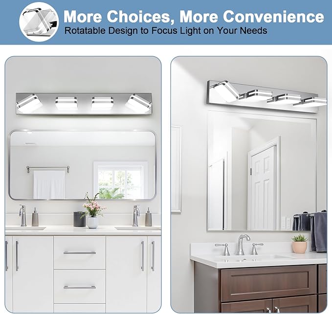360° Rotate LED Bathroom Vanity Light Fixtures, 1600LM Acrylic Chrome Vanity Lights for Bathroom, Modern Wall Lighting Fixtures Over Mirror Kitchen Living Room Hallway (Natural White Light 5000K)