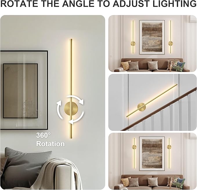 Battery Operated Modern Wall Sconces Set of Two,Rechargeable Wireless Wall Lights with Remote Control,Dimmable,3CCT,Timer,360°Rotation,Cordless Lighting for Bedroom,Living Room,Hallway,Brass,27.6 Inch