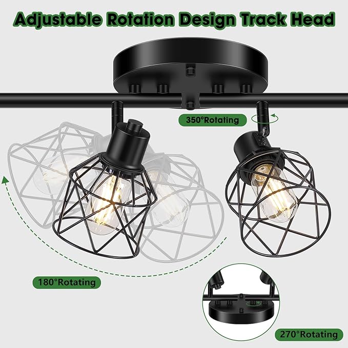 6-Lights Black Semi Flush Mount Ceiling Light, Multi-Directional Ceiling Light Fixtures, Rotatable Kitchen Track Lighting Fixtures with Wire Cages for Living Room, Dining Table, Foyer