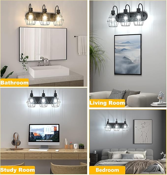 Retro Style Industrial Bathroom Vanity Light 3 Lights, Vintage Matte Black Wall Sconce with Caged, E26 Base Farmhouse Wall Light Fixture for Bathroom Vanity