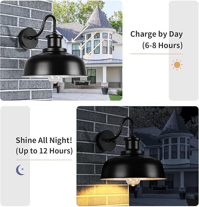 Solar Barn Light for Outside, Dusk to Dawn Outdoor Wall Lights Solar Powered, Farmhouse Exterior Wall Sconce, Industrial Outside Lighting Fixture, Rustic Lantern for Garage, Barn, Shed