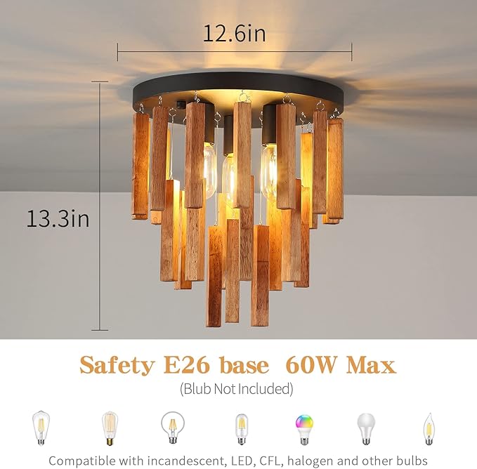 3-Light Semi Flush Mount Ceiling Lights Boho Wood Light Fixture Farmhouse Chandelier Oak and Black Ceiling Lighting with E26 for Kitchen Living Room Entryway Bedroom Dining Room