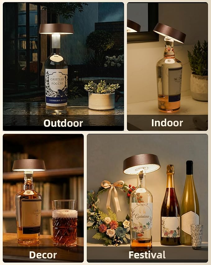 Wireless Bottle Lamp Shade, Rechargeable Wine Bottle Lights for Liquor Bottles, RGB, Touch Control 3 Color Temperatures, Dimmable, Outdoor Waterproof, Restaurant & Home Bar Décor, Gift, Brown 1Pc