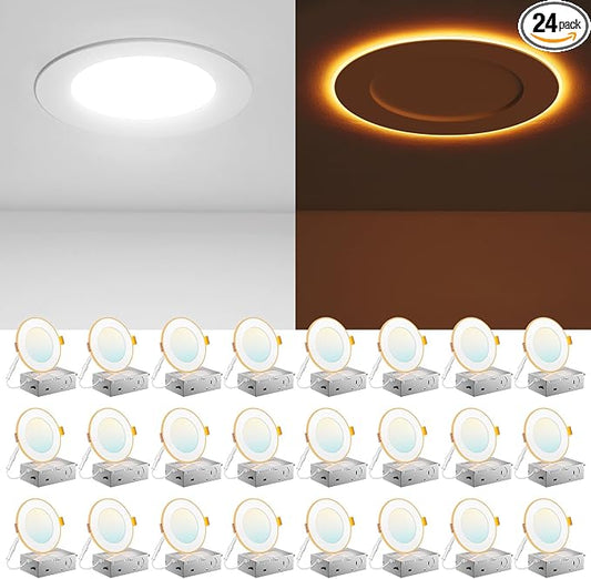 Amico 24 Pack 4 Inch 5CCT LED Recessed Ceiling Light with Night Light, 2700K/3000K/3500K/4000K/5000K Selectable Ultra-Thin Recessed Lighting, 10W=90W, 700LM, Dimmable Canless Wafer Downlight ETL&FCC