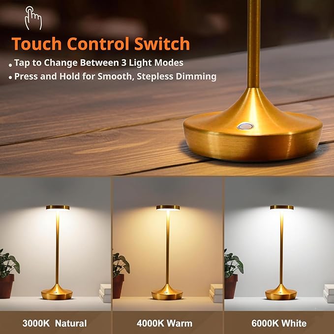 Gold Cordless Table Lamp, Rechargeable 6000mAh Battery LED Desk Lamp, Portable Metal Touch Lamp with 3-Level Dimming, Waterproof Light for Restaurant, Dining Table, Patio & Home Decor(Gold)