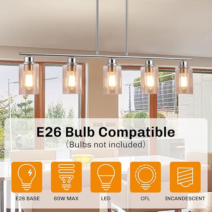 mavcadonf Kitchen Island Light, 5-Light Pendant Lighting, Farmhouse Dining Room Light Fixtures for Kitchen Island Dining Living Room, Brushed Nickel with Clear Glass Shade