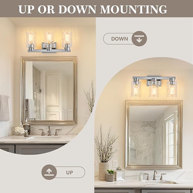 3-Light Bathroom Light Fixtures Modern Chrome Vanity Lights with Water Ripple Glass Wall Sconces Over Mirror for Bathroom, Powder Room, Living Room
