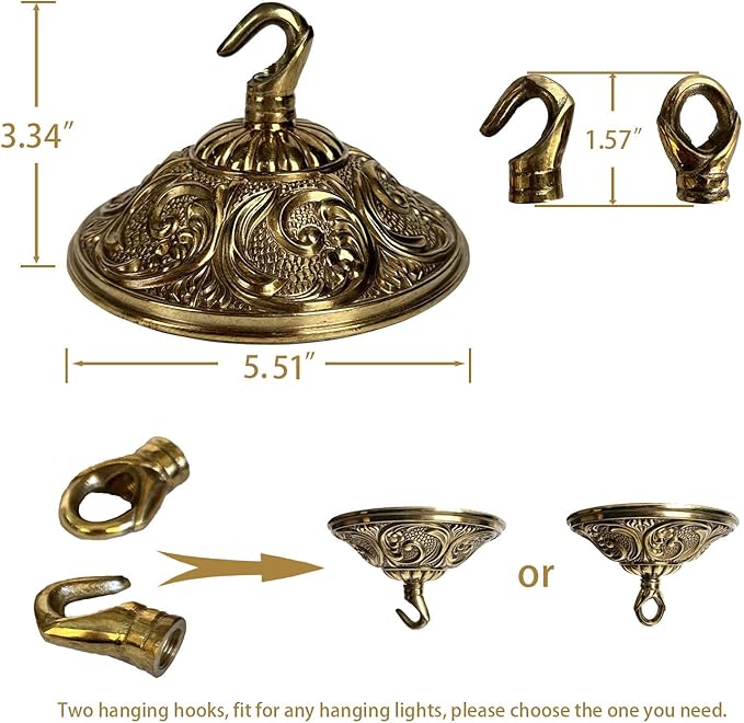 5.51 Inches Diameter Heavy Duty Brass Light Canopy Kit with Hooks, Antique Chandelier Replacement Parts with Mounting Hardware, Replacement Ceiling Light Cover Plate (Brass, B-01)