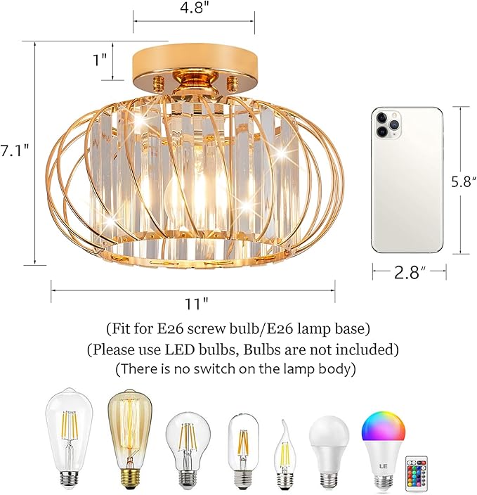 Semi Flush Mount Crystal Ceiling Light, 11 Inch Metal Cage Hallway Ceiling Lamps, Farmhouse Ceiling Light Fixture, Industrial Crystal Chandelier for Corridor Bathroom Kitchen (E26, Gold)
