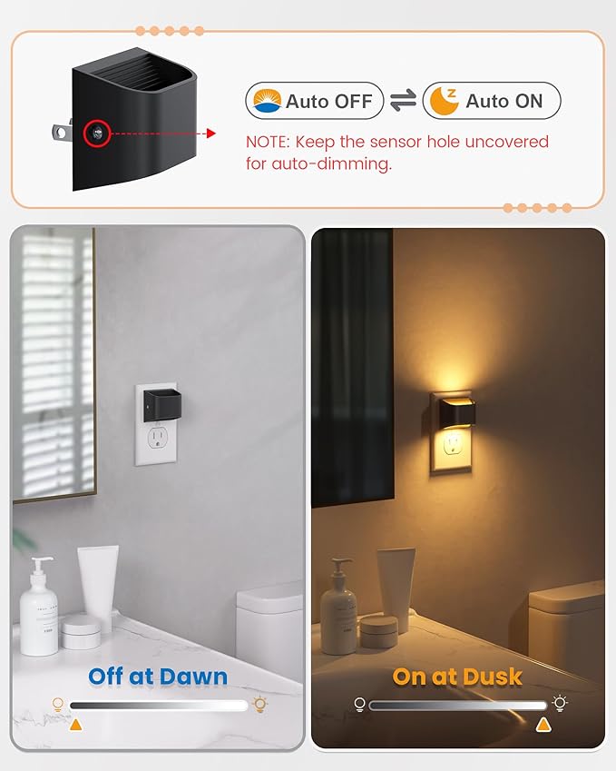 NIORSUN Night Lights Plug Into Wall, Auto Brightness Sensor Night Light, 3000K Warm White, Ultra-Slim Wall Light for Hallway Bathroom Bedroom Stairs, Black, 2 Pack