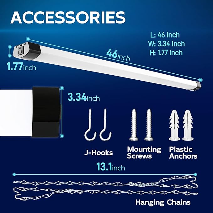 hykolity 4FT 70W LED Shop Light Linkable, 8000lm(300w Equivalent), 5000K Utility Shop Lights for Garages, Workshops, Basements, Hanging or FlushMount, with Power Cord and Pull Chain, ETL, Black,2 Pack