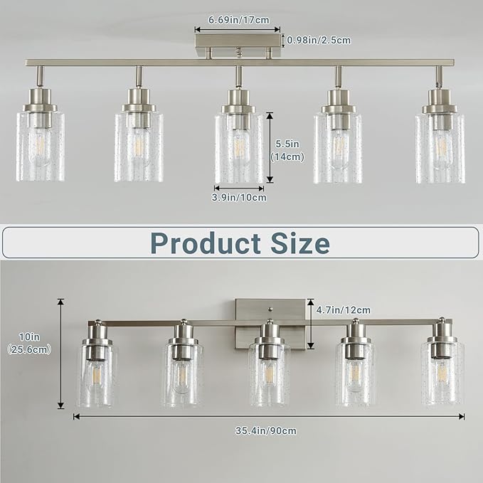 LOUSACE 5-Light Brushed Nickel Track Lighting Fixtures Ceiling Mount Spotlights with Seeded Glass Shade, Modern Bathroom Tracking Vanity Lights for Hallway Kitchen