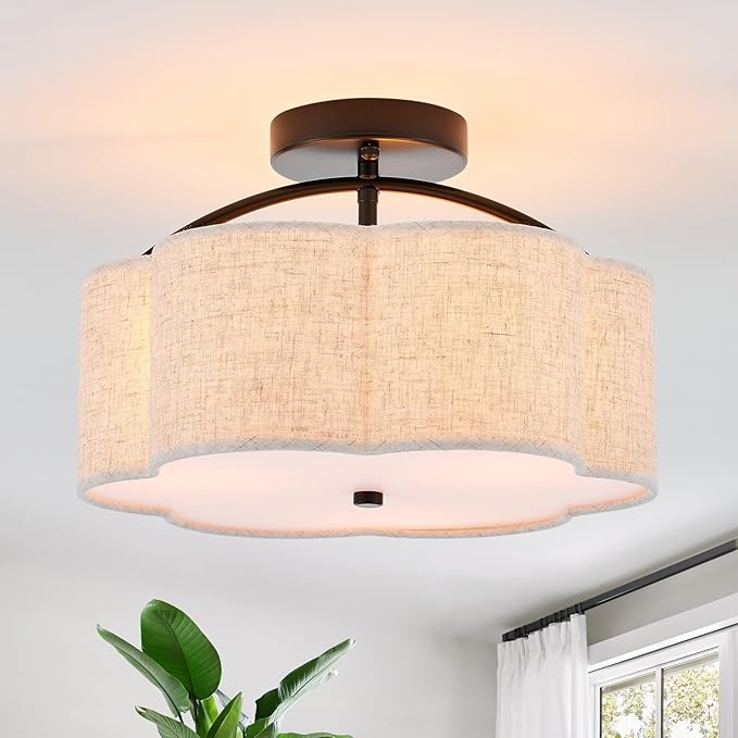 13.78" Semi Flush Mount Ceiling Light Modern 3-Lights Black Drum Ceiling Light Fixture with Fabric Linen Shade, Vintage Modern Ceiling Lighting for Laundry Room, Kitchen, Basement, Bedroom