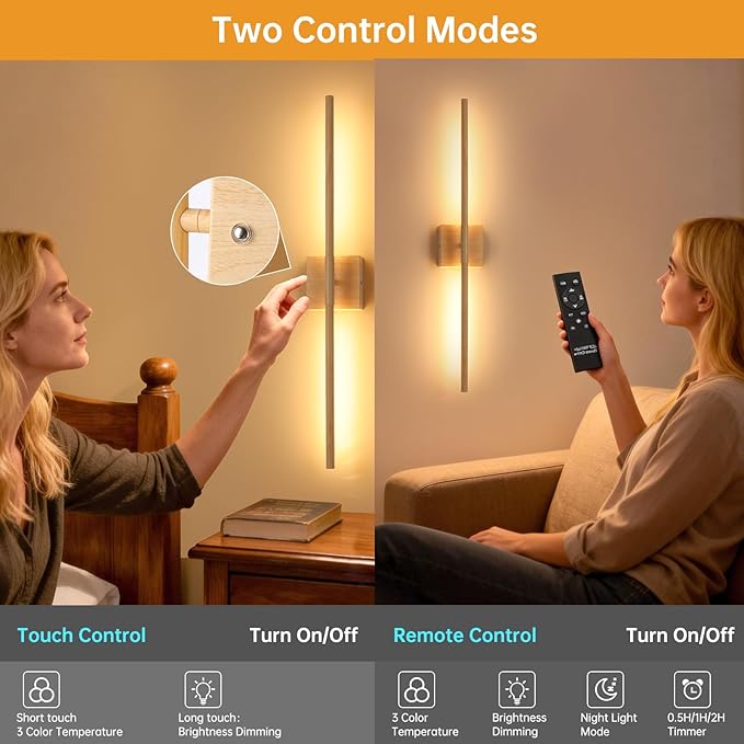 Shenmoyl Battery Operated Wall Sconce Set of 2, 10400mAh Rechargeable Wall Sconces, 3000K-6000K Dimmable, 350°Rotate, Indoor Wall Lights for Bedroom Living Room, Original Wood, 31.5 Inch