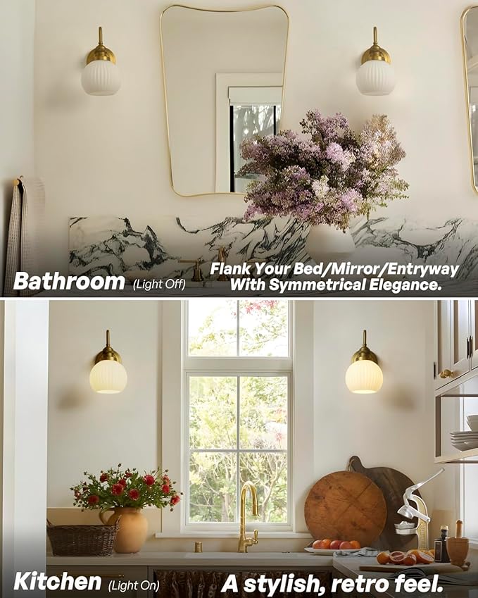 Milk Glass Wall Sconce Hardwired Bathroom Vanity Light with Striped Bowl Milk Glass Vintage Brass Wall Mounted Lights for Bathroom Mirror Living Room Bedroom Kitchen E26