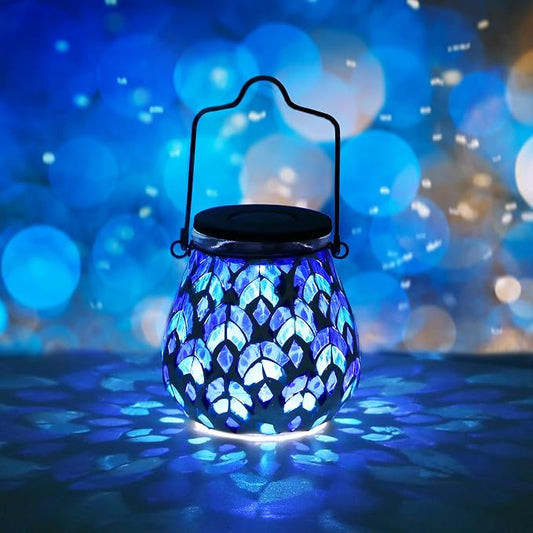 Bshine Mosaic Solar Lantern Outdoor Hanging Waterproof, Blue Mosaic Light Indoor Decorative Table, Garden Decor for Yard Outside, Path, Courtyard, Lawn, Outdoor Decor Gift for Mom