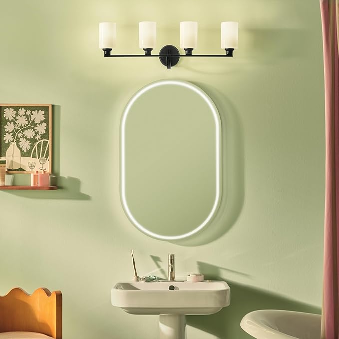 Kichler Gioe 4-Light Bathroom Vanity Light Fixture with Opal Glass in Black, Modern Wall Mount Over Mirror Lighting for Powder Room (32.25" W x 10.5" H), 55227BK
