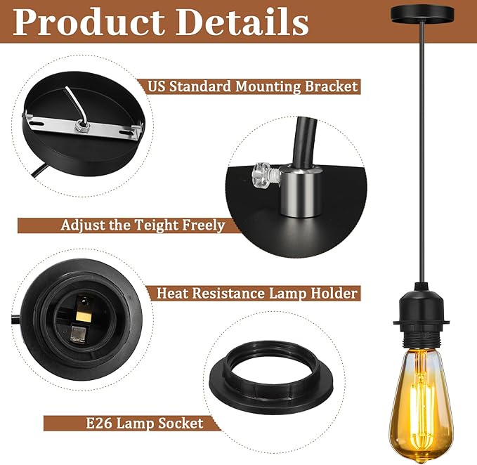 Retisee 12 Pack Industrial Mini Pendant Light Kit Bulk Mini Ceiling Hanging Light Fixtures E26 Lamp Socket Vintage Black Cord Pendant Light Fixtures Adjustable DIY Hanging Lamp Kit for Kitchen Bedroom