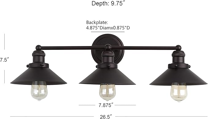 JONATHAN Y 26.5" Oil Rubbed Bronze 3-Light Industrial Farmhouse Metal Vanity Light Wall Sconce, Metal Shade for Bathroom Mirror, Kitchen, Entryway, LED Bulb Included (JYL7428A)