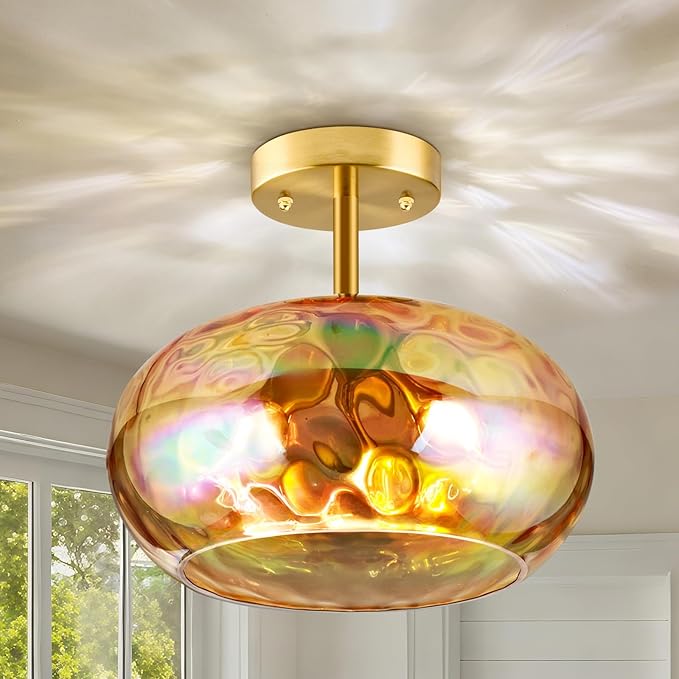 Ceiling Light Fixture, 14''& 3-Light Amber Vintage Semi Flush Mount Ceiling Light, Brass Rainbow Indoor Lampshade for Farmhouse, Bedroom, Kitchen, Living Room, Hallway Bulbs Not Included