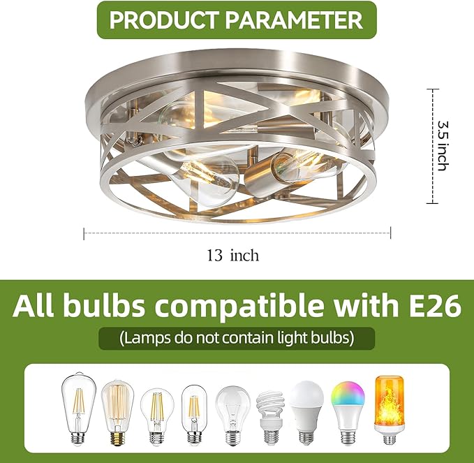 13 inch Brushed Nickel Flush Mount Ceiling Light Fixtures,3-Light Modern Hallway Light Fixtures Ceiling, Brushed Nickel Light Fixture Ceiling Mount for Farmhouse,Kitchen, Bedroom 2 Pack