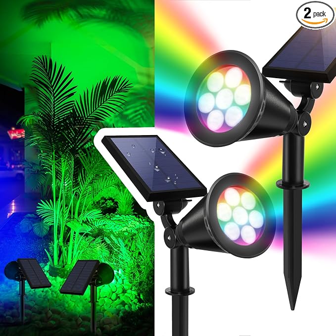 Solar Spotlights Outdoor, Flag Pole Spot Light, RGB Color Changing Solar Powered Landscape Spotlight, Dusk-to-Dawn Waterproof Ground&Wall LED Lights for Tree Christmas House Garden (Multicolor,2 Pack)