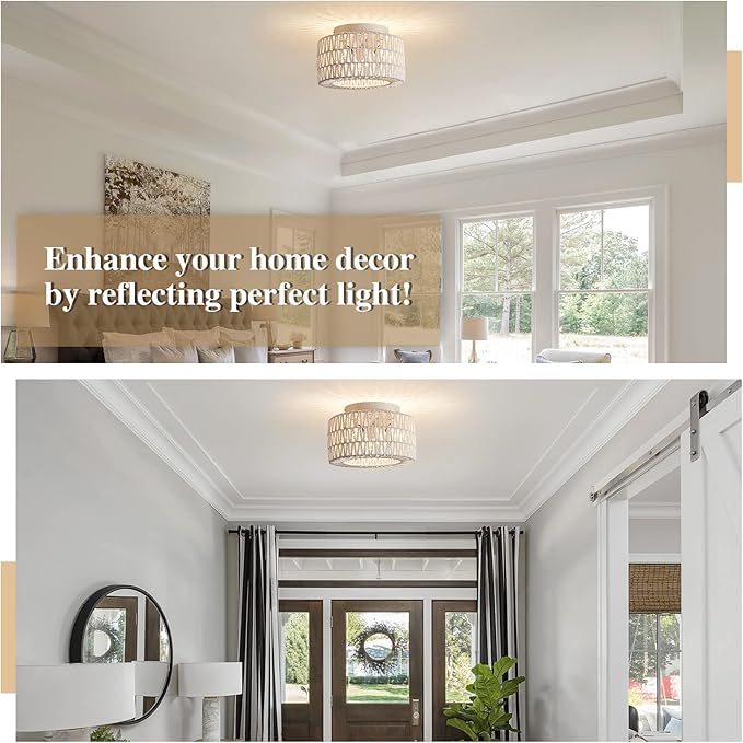 Rattan Light Fixtures Ceiling Mount, 3-Lights Boho Flush Mount Ceiling Light, Hand-Woven Cage Shade Lamp Lighting, Rustic Rattan Chandelier for Hallway Bedroom Kitchen Farmhouse Foyer Entryway (White)