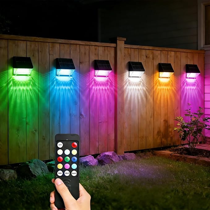 FVTLED Solar Fence Lights Outdoor, RGBW Color Changing Solar Wall Lights Outdoor with Remote Control, Waterproof LED Deck Light for Garden Yard Patio Deck Step Patio Wall (6 Pack)