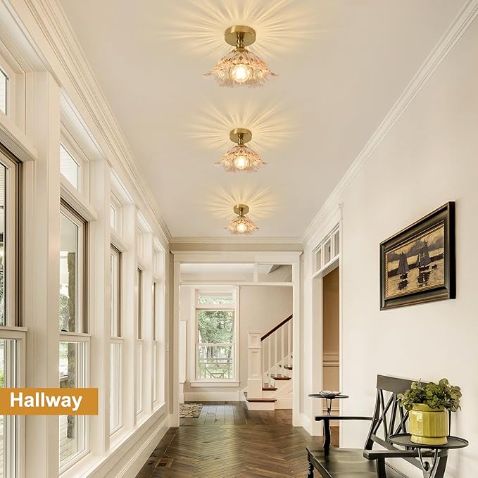 Semi Flush Mount Ceiling Light Fixture, 11in Amber Glass Vintage Light Fixtures Ceiling for Hallway Kitchen Foyer Entryway Bedroom, E26 Base