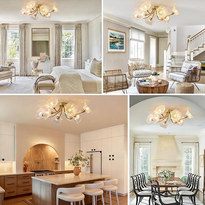 Sputnik Flush Mount Ceiling Light Fixture 8-Lights Brass Close to Ceiling Light with Clear Glass Flower Shape Mid Century Modern Ceiling Lighting Chandelier Bedroom Living Dining Room