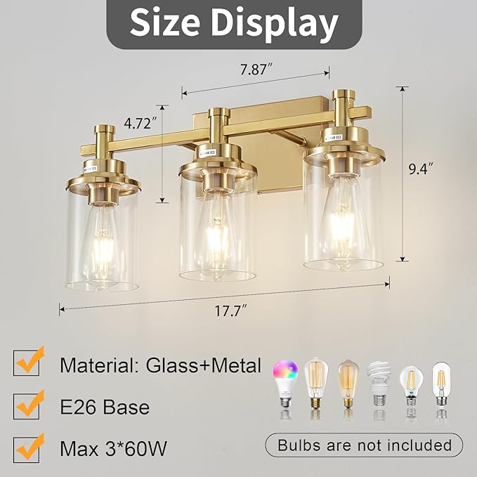 3 Light Gold Bathroom Vanity Light Over Mirror, Brushed Brass Vanity Light Fixture Modern Bath Wall Sconce Lighting Wall Mount Light Over Mirror for Vanity Table, Mirror, Bathroom